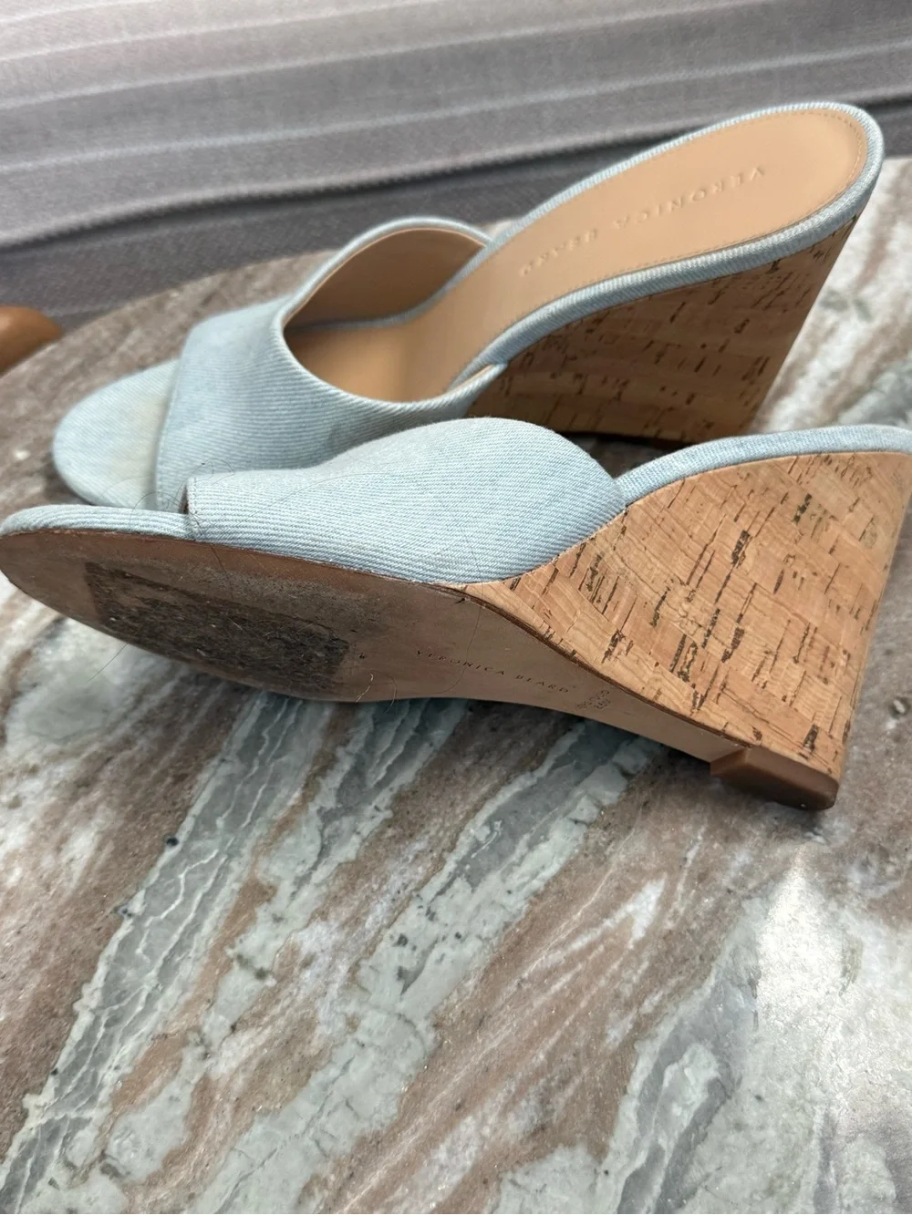 Veronica Beard Light Blue Denim Cork Wedge Sandals